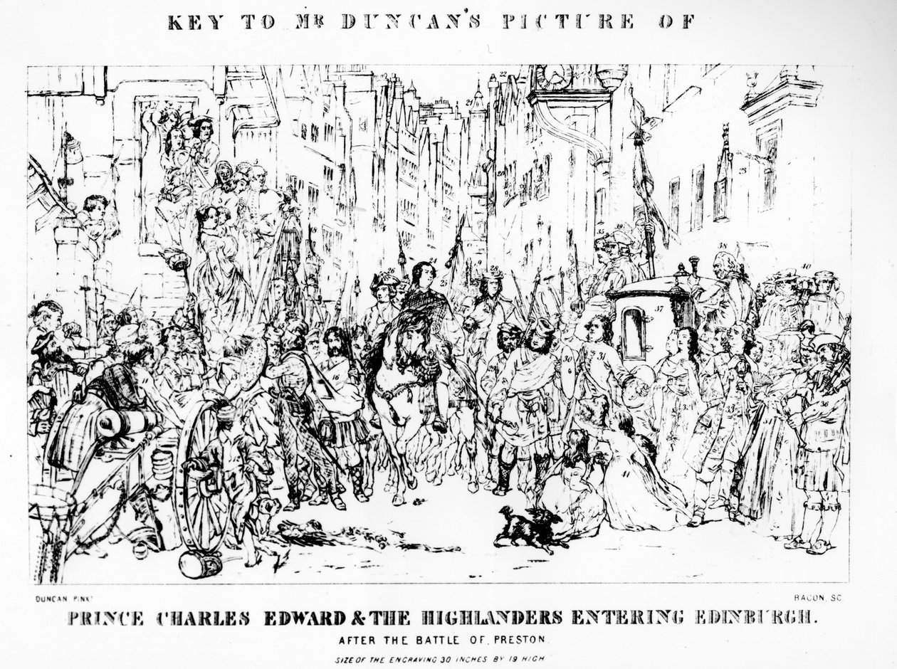 Clave del cuadro del Sr. Duncan de Príncipe Carlos Eduardo (1720-88) y los Highlanders entrando en Edimburgo después de la batalla de Preston, 21 de septiembre de 1745, grabado por Bacon de Thomas Duncan