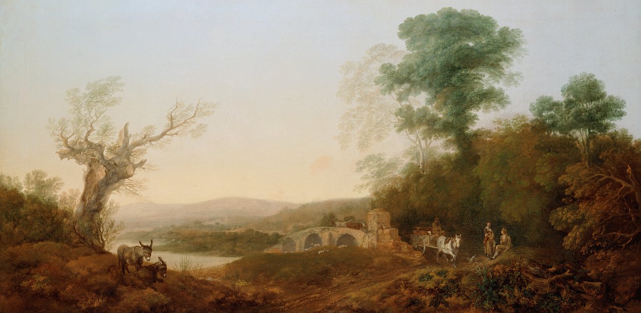 Un paisaje fluvial con viajeros descansando al borde de un bosque de Thomas Gainsborough