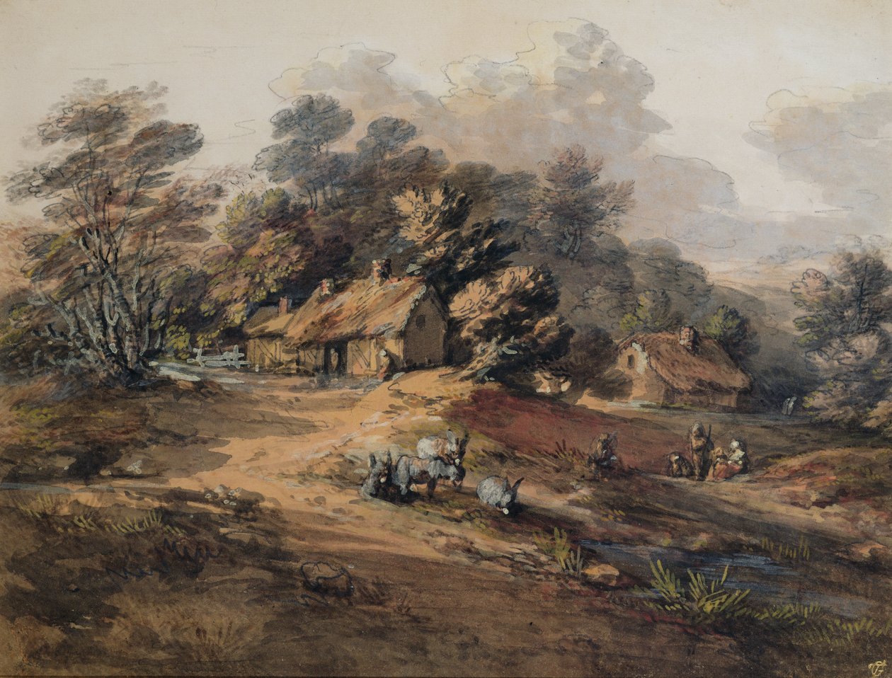 Campesinos y burros cerca de cabañas al borde de un bosque de Thomas Gainsborough