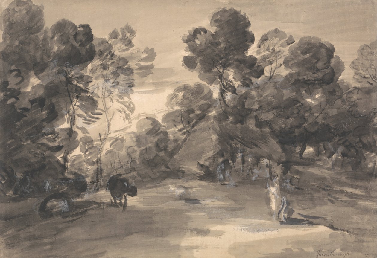 Paisaje boscoso con figuras, cabaña y vaca de Thomas Gainsborough