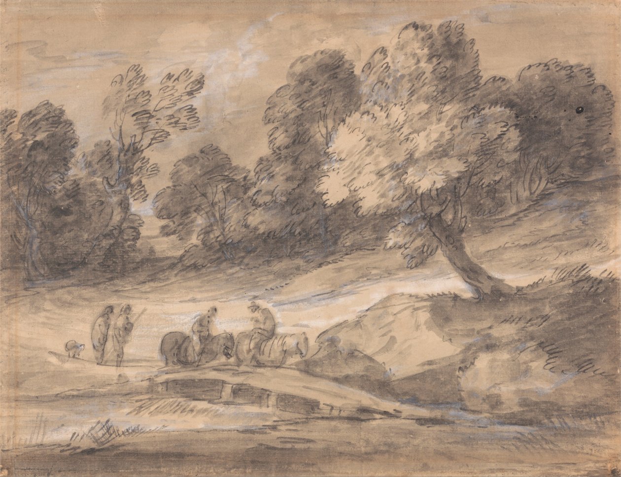 Paisaje boscoso con figuras a caballo cruzando un puente de Thomas Gainsborough