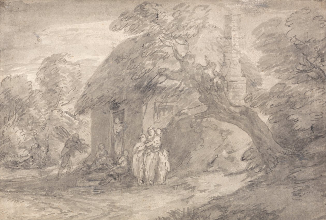 Paisaje boscoso con figuras fuera de la puerta de una cabaña de Thomas Gainsborough
