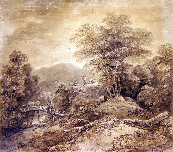 Paisaje montañoso boscoso con pastor y vacas cruzando, 1759 de Thomas Gainsborough