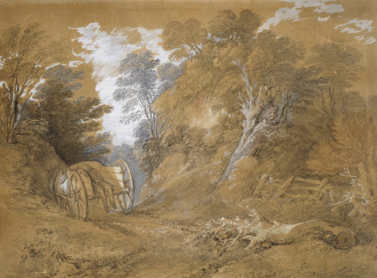 Paisaje boscoso con un niño campesino dormido en un carro de Thomas Gainsborough