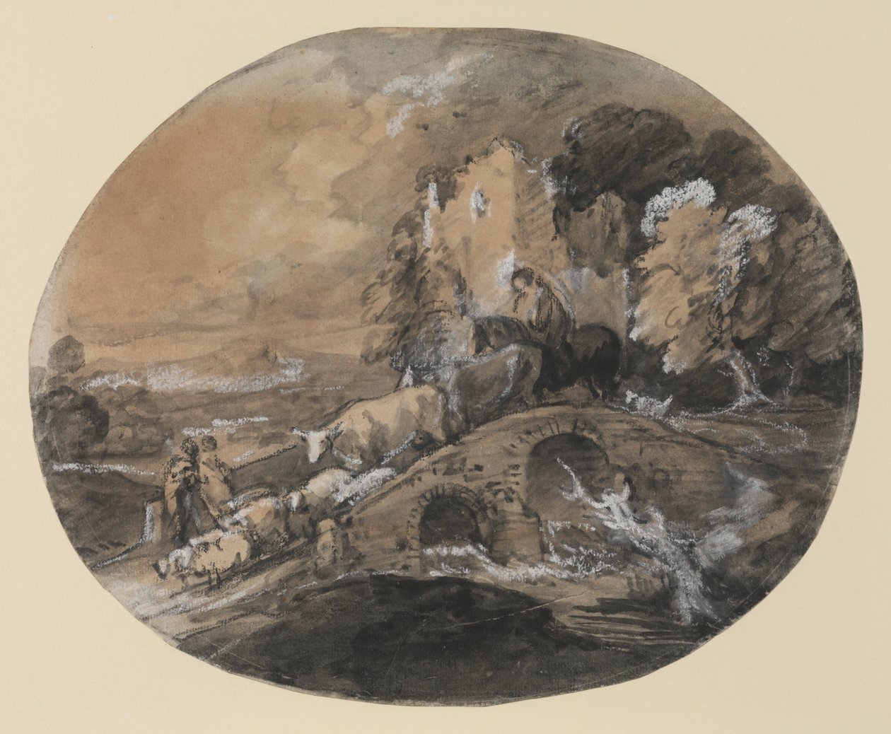 Paisaje boscoso con pastor conduciendo ganado sobre un puente, campesinos y un castillo en ruinas, 1781 de Thomas Gainsborough
