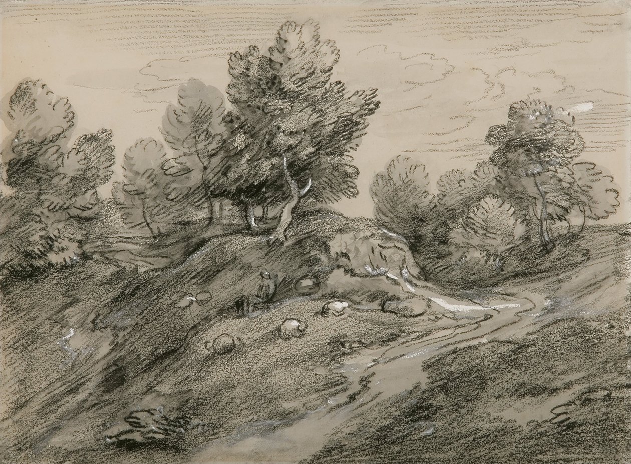 Paisaje montañoso boscoso con pastor y ovejas y camino rural alrededor de una colina de Thomas Gainsborough