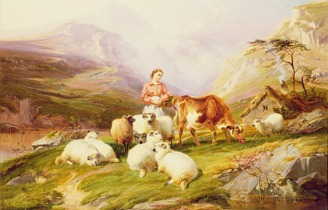 Vaca y ovejas en un pasto de montaña de Thomas George Cooper