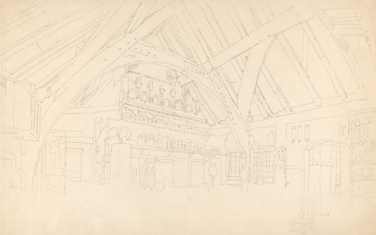 Castillo Stokesy - Interior de un salón con vigas de Thomas Girtin