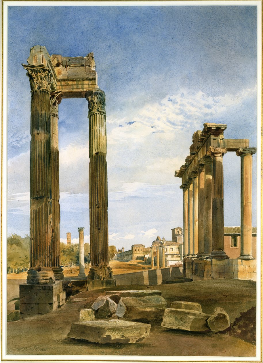 Los Templos de Vespasiano y Saturno, con el Templo de Castor al Fondo, el Foro, Roma de Thomas Hartley Cromek