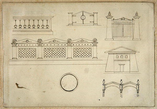 Diseños para puertas, muros y balaustradas, de Veintiún dibujos a pluma de detalles decorativos en estilo antiguo de Thomas Hope