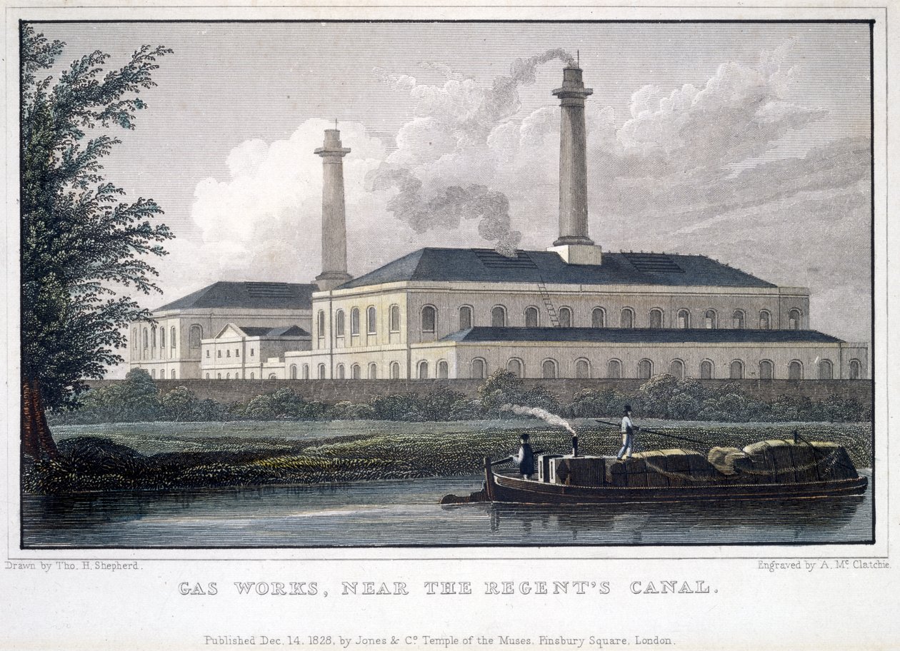 Fábrica de gas, cerca del canal de Regents, grabado por A. McClatchie, 1828 de Thomas Hosmer after Shepherd
