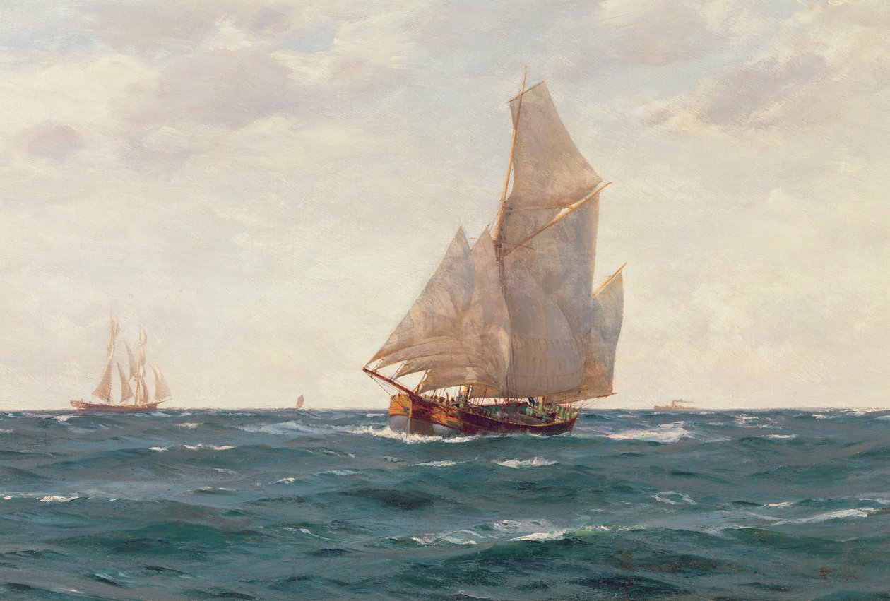 Un Ketch y una Bergantina frente a la Costa, c.1905 de Thomas J. Somerscales