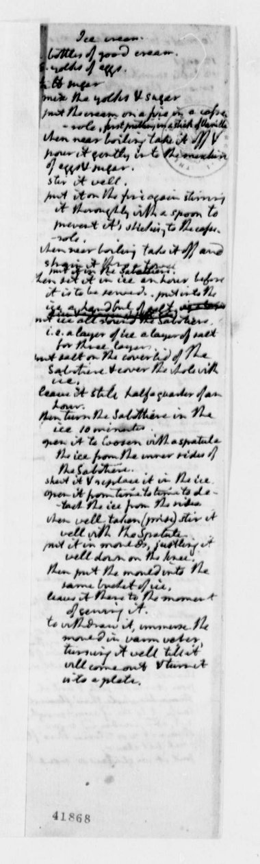 Receta para helado de vainilla, c.1780 de Thomas Jefferson