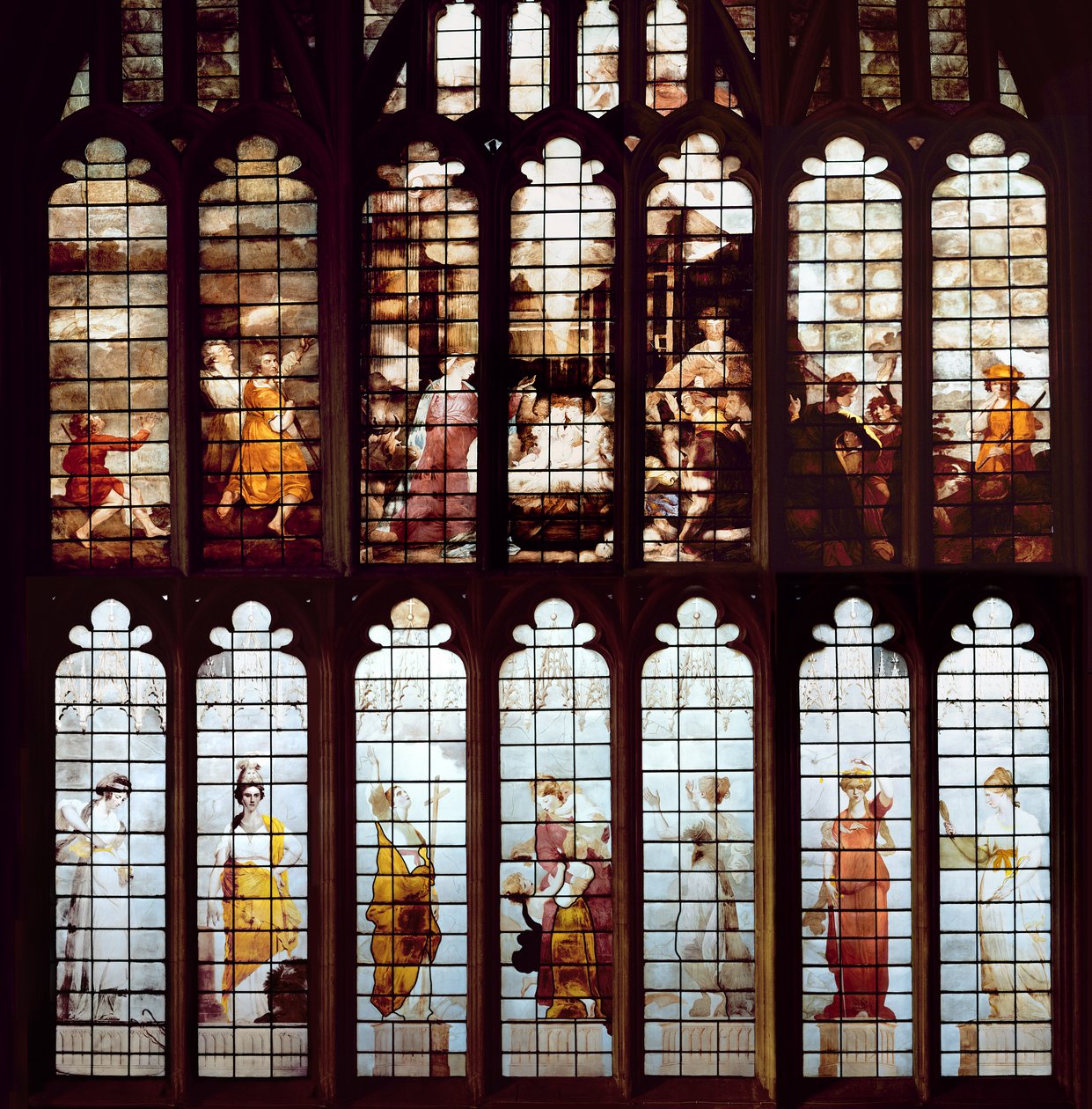 Escena de la Natividad y las Virtudes (vidriera) de Thomas Jervais