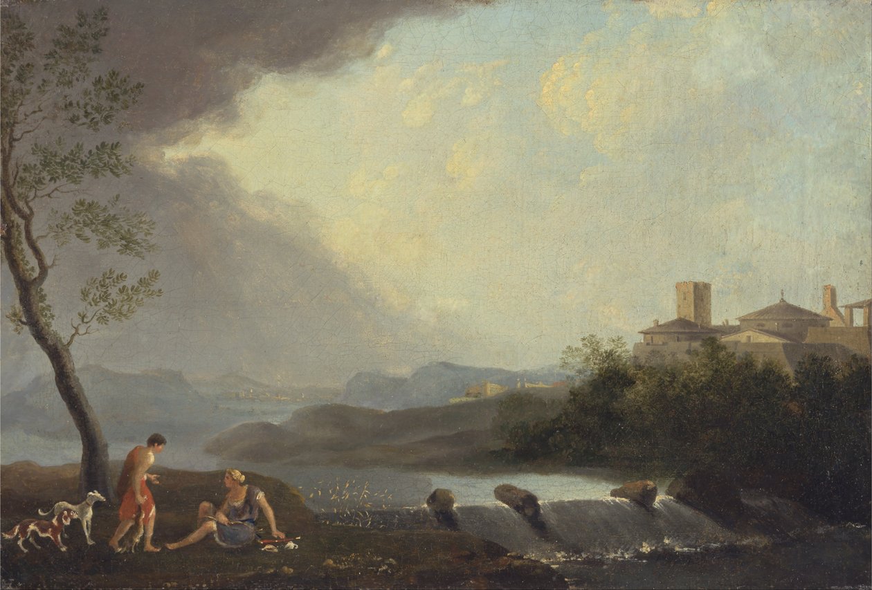 Un paisaje imaginario italianizante con figuras clásicas y una cascada de Thomas Jones