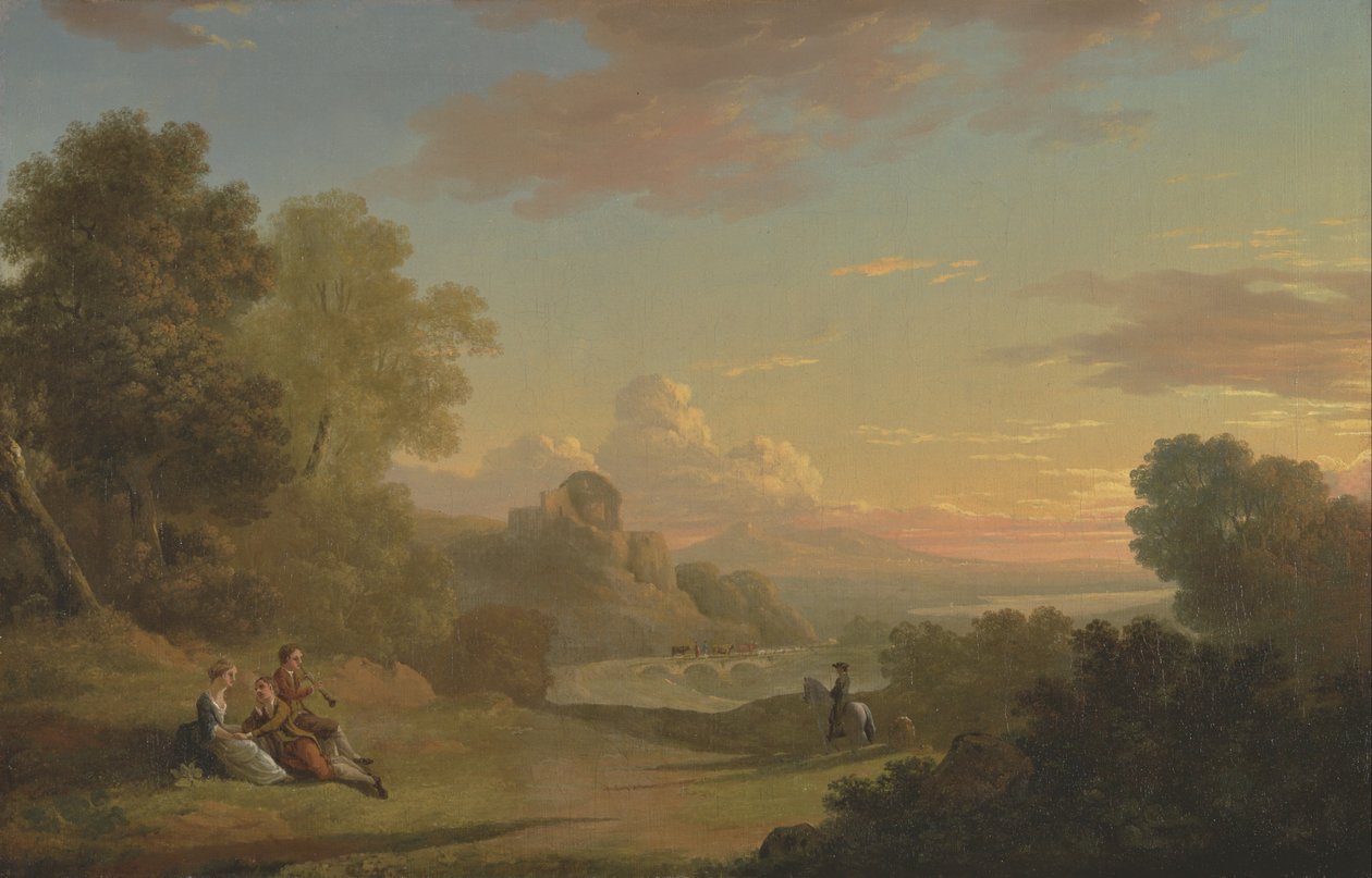 Un paisaje imaginario con un viajero y figuras mirando la bahía de Baiae de Thomas Jones