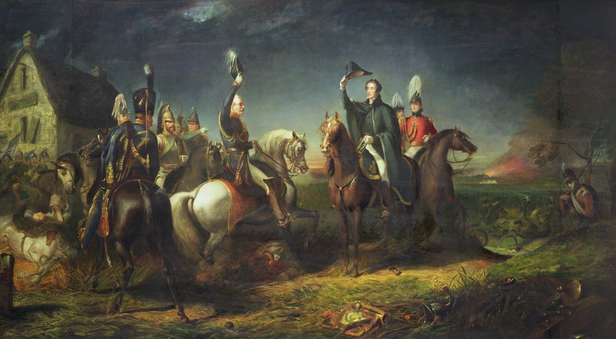 El encuentro del Duque de Wellington y el Mariscal de Campo Blucher en la noche de la victoria de Waterloo en La Belle Alliance de Thomas Jones