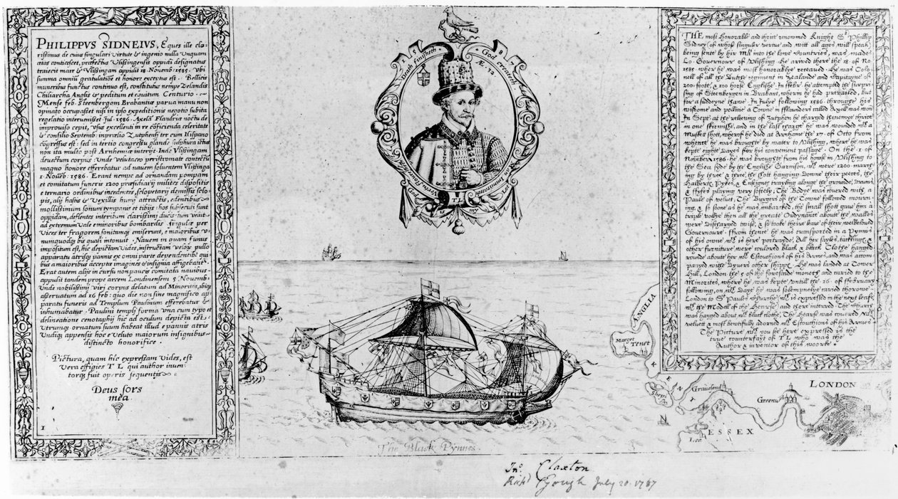 La pinaza negra trayendo el cuerpo de Sir Philip Sidney de vuelta a Londres, pub. en 1588 de Thomas Lant