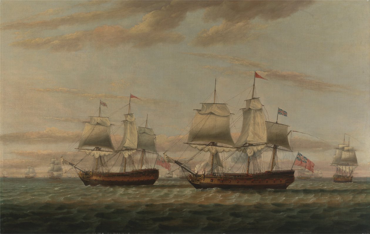 Un indiaman y un dos puentes a la deriva, se dice que es Thomas Dumar, Esq. en el H.M. Ship Portland entregando... de Thomas Luny