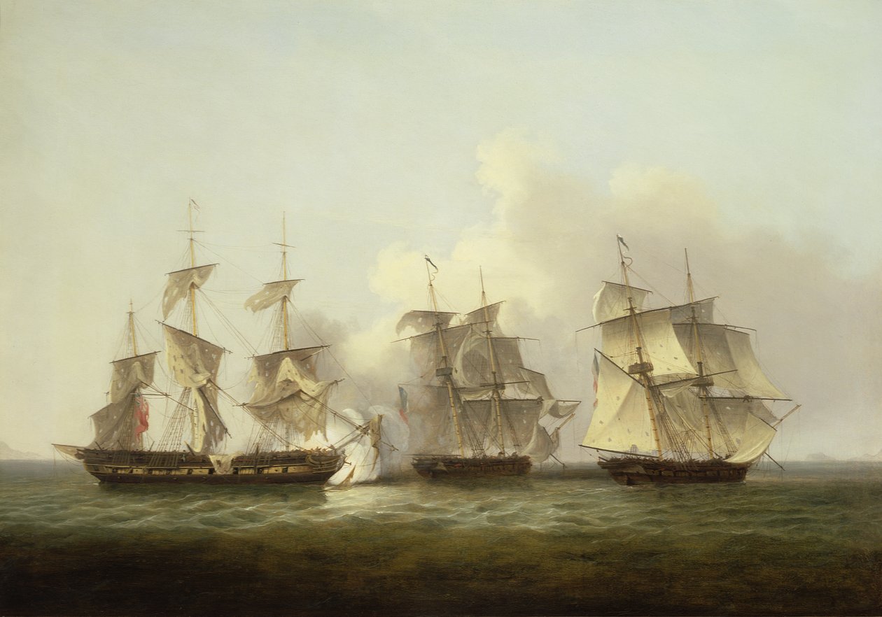 HMS Gore en acción con las fragatas francesas Palinure y Pilade de Thomas Luny