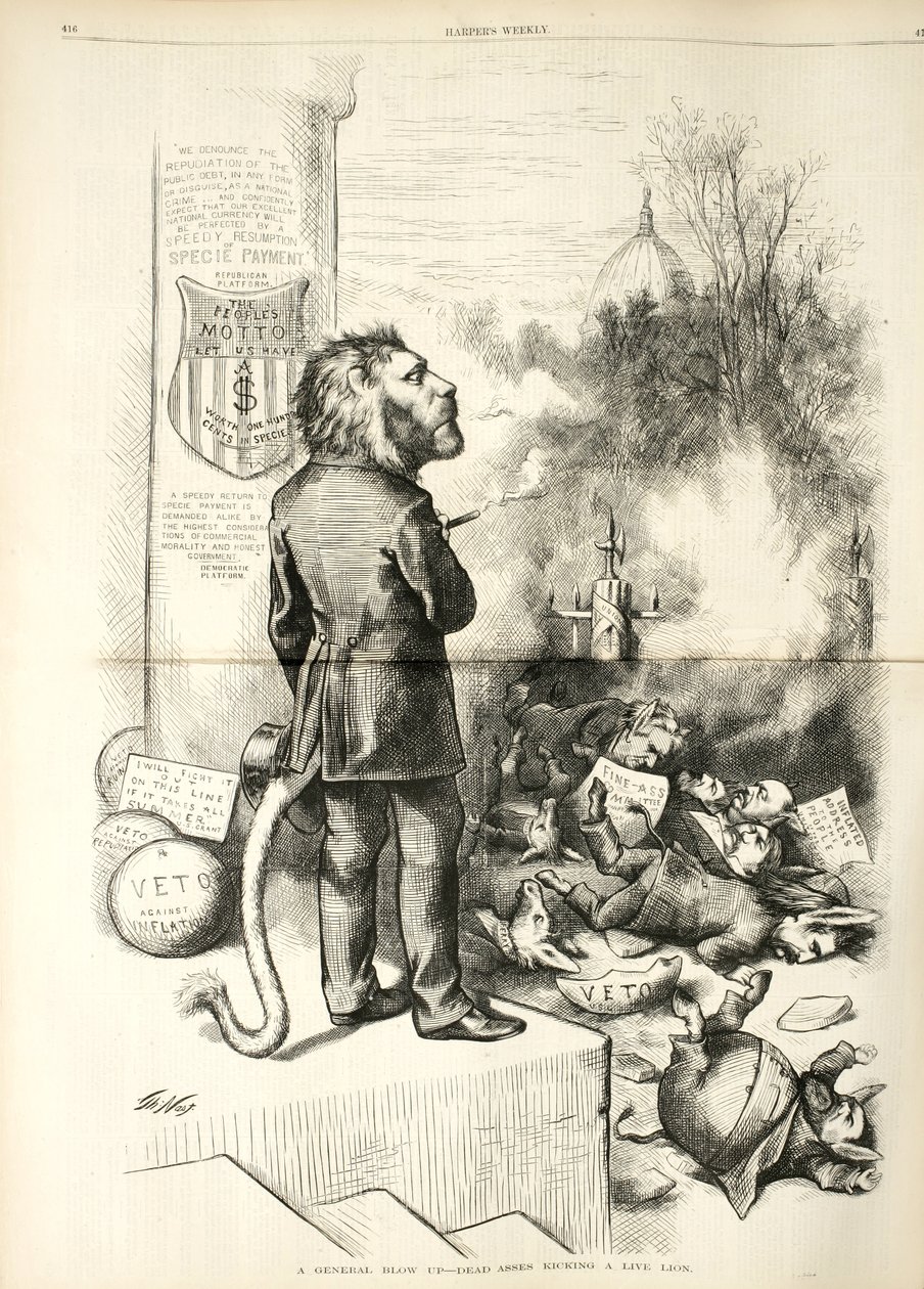 Una explosión general - Asnos muertos pateando a un león vivo, 1874 (grabado en madera) de Thomas Nast