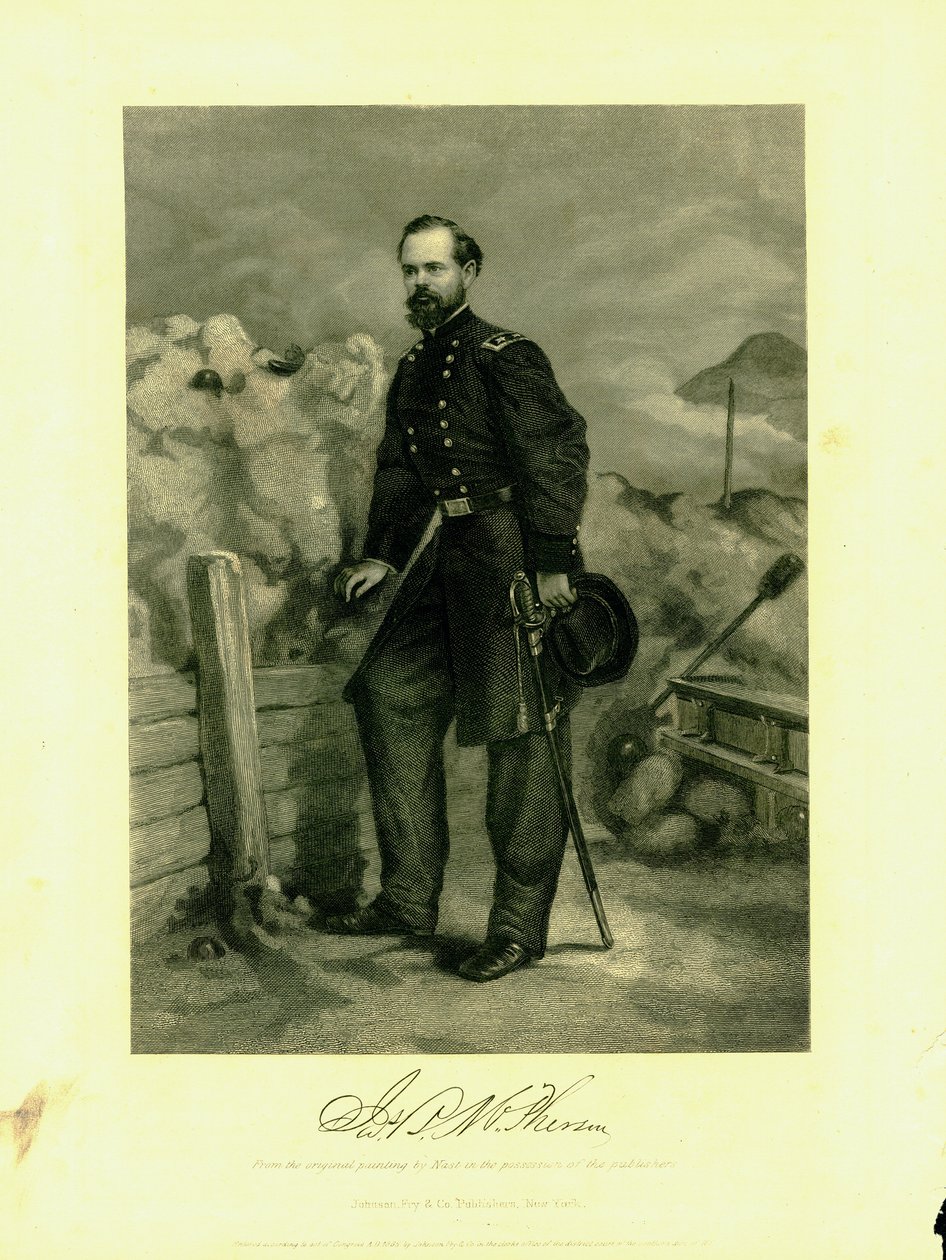 Impresión del Gen. McPherson en uniforme con una espada de Thomas Nast