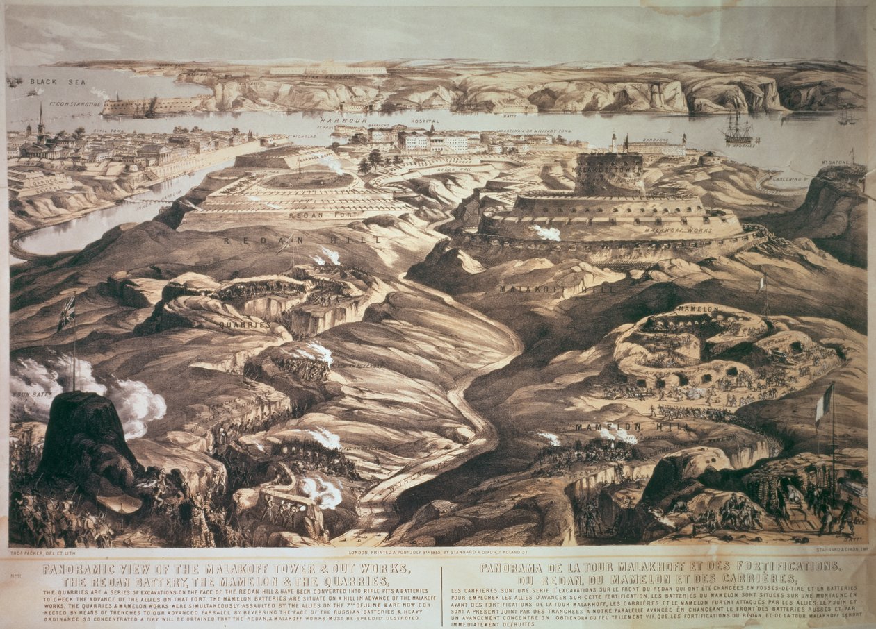 Vista panorámica de la Torre Malakoff y Obras Exteriores, la Batería Redan, el Mamelón y las Canteras, pub. 1855 por Stannard y Dixon de Thomas Packer