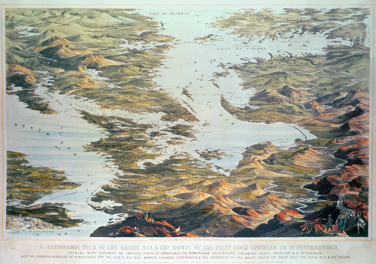 Vista panorámica del Mar Báltico y la ruta de la flota desde Spithead hasta San Petersburgo, de mapas y cartas del gobierno hechos bajo la supervisión de un oficial en la expedición bajo Sir Charle de Thomas Packer