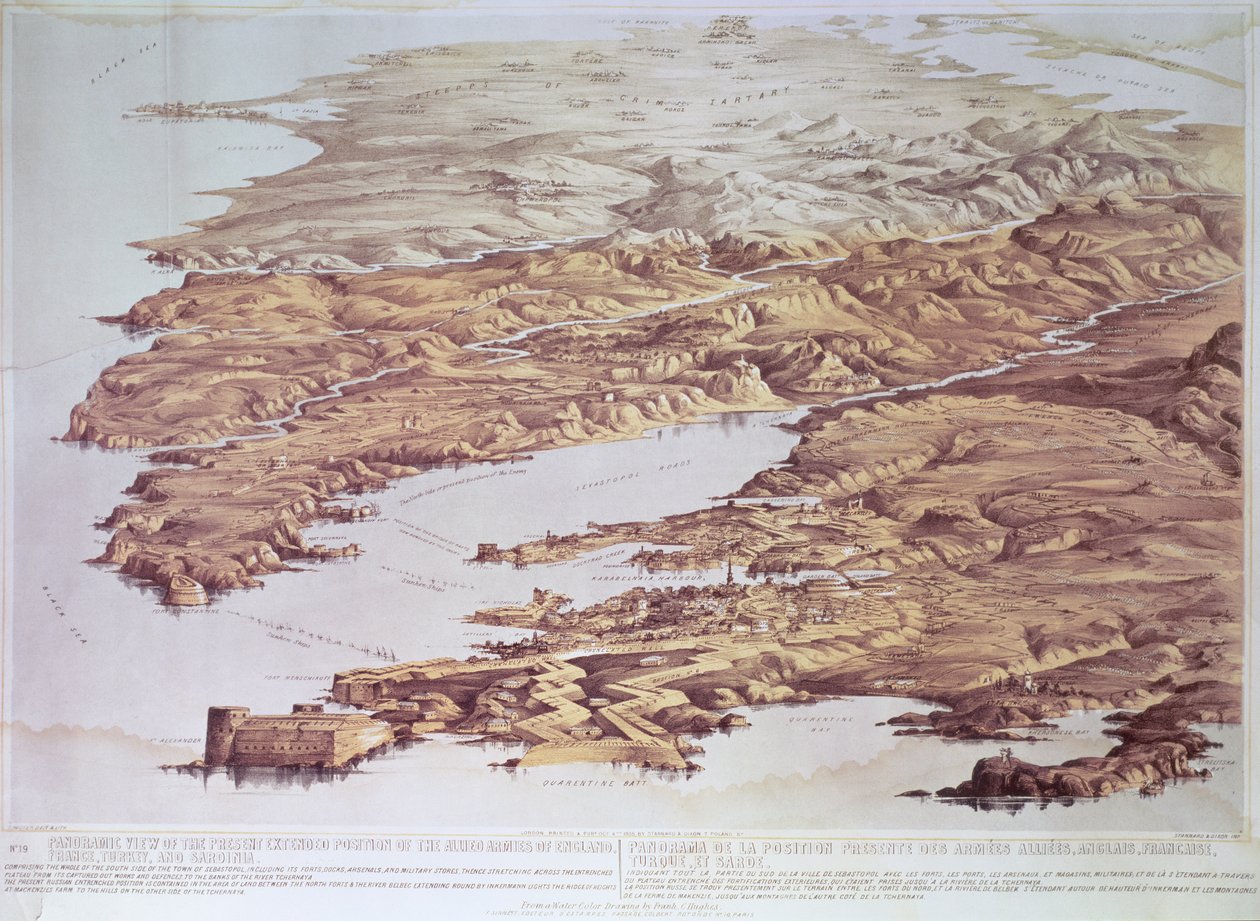 Vista panorámica de la posición extendida actual de los ejércitos aliados de Inglaterra, Francia, Turquía y Cerdeña, de un dibujo en acuarela de Frank C. Hughes, pub. por Stannard y Dixon, 1855 de Thomas Packer