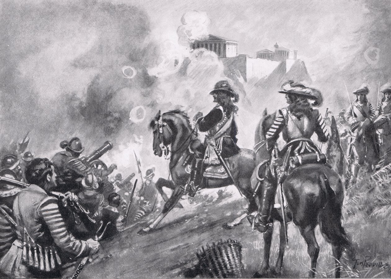Francesco Morosini bombardeando el Partenón, ilustración de la Historia de las Naciones de Hutchinson de Thomas Peddie