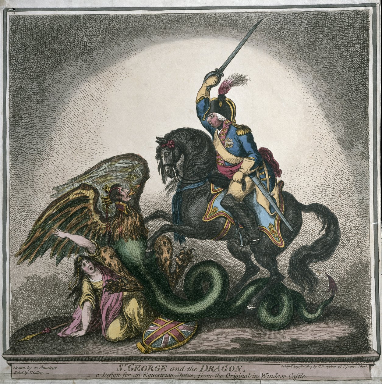 San Jorge y el dragón, un diseño para una estatua ecuestre, del original en el Castillo de Windsor, grabado por James Gillray (1756-1815) publicado por Hannah Humphrey en 1805 de Thomas Richmond Gale Braddyll