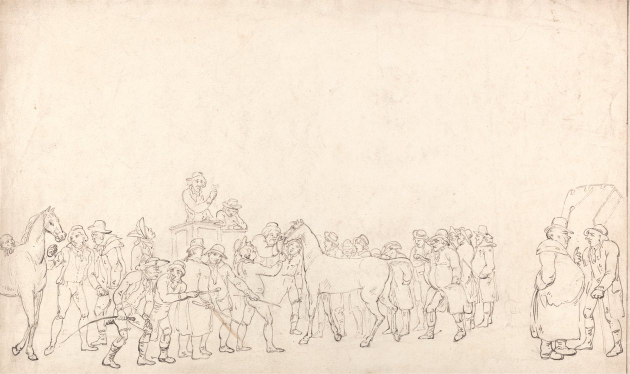 Venta de caballos en el depósito de Hopkins (Un contorno) de Thomas Rowlandson