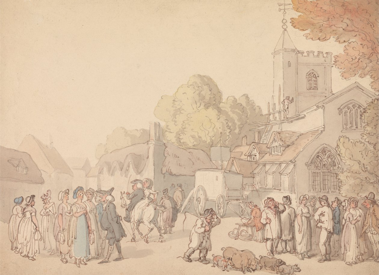 Escena de un pueblo fuera de una iglesia de Thomas Rowlandson