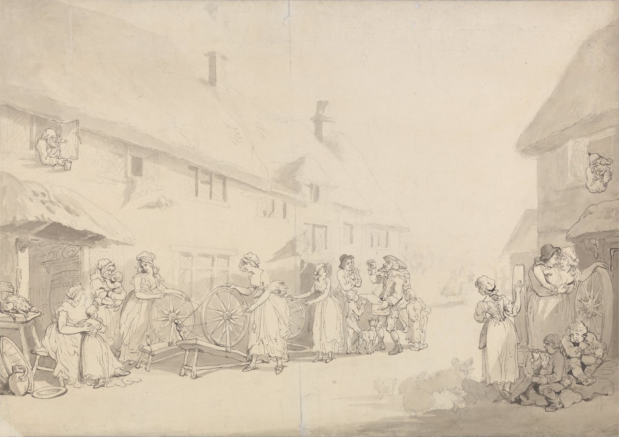 Escena de un pueblo con chicas hilando de Thomas Rowlandson