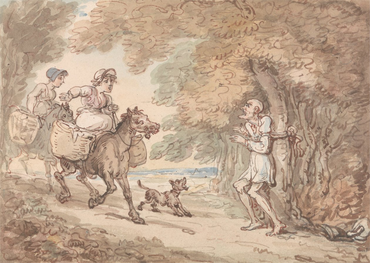 El Dr. Syntax atado a un árbol por bandidos de Thomas Rowlandson
