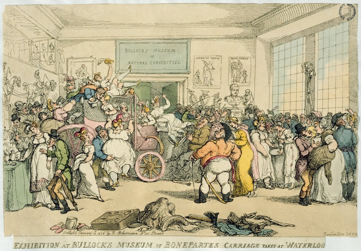 Exposición en el Museo de Bullock del carruaje de Bonaparte tomado en Waterloo, publicado por Rudolph Ackermann, 1816 de Thomas Rowlandson