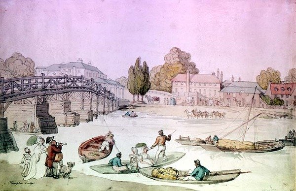 Puente de Hampton con barcas y barcazas de Thomas Rowlandson