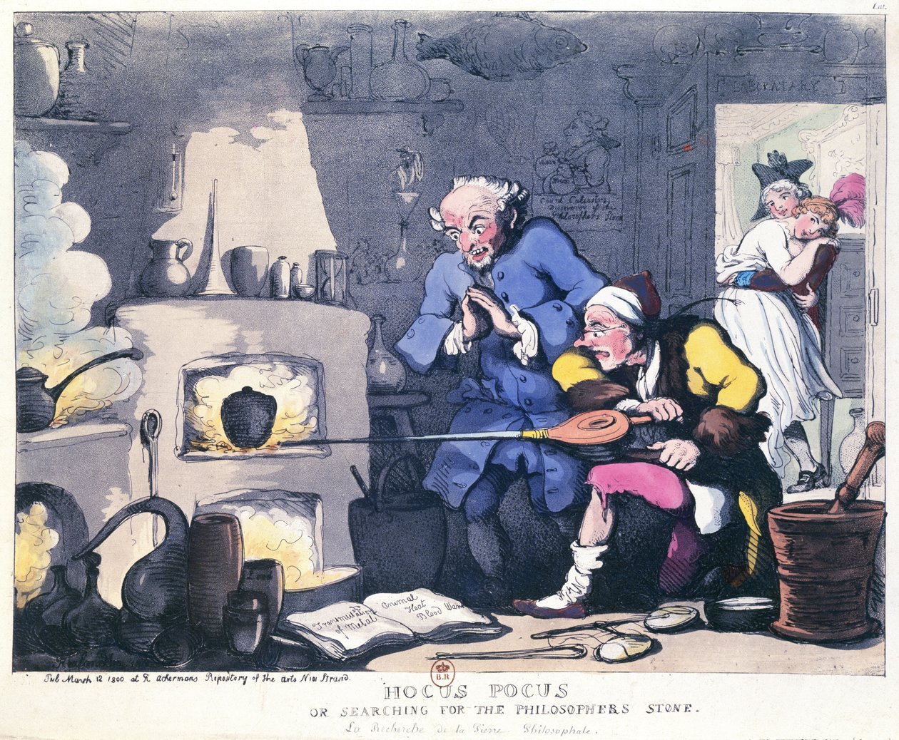 Hocus Pocus o Buscando la piedra filosofal, publicado en marzo de 1800 de Thomas Rowlandson