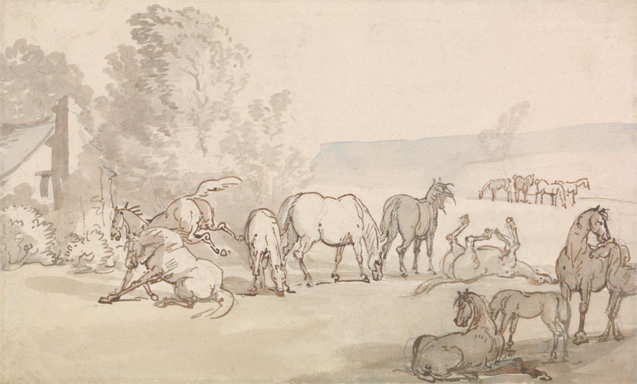 Yeguas y potros en un campo de Thomas Rowlandson