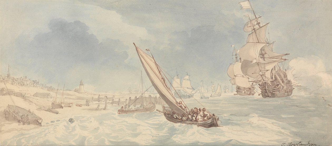 Buques de guerra y veleros cerca de una costa de Thomas Rowlandson