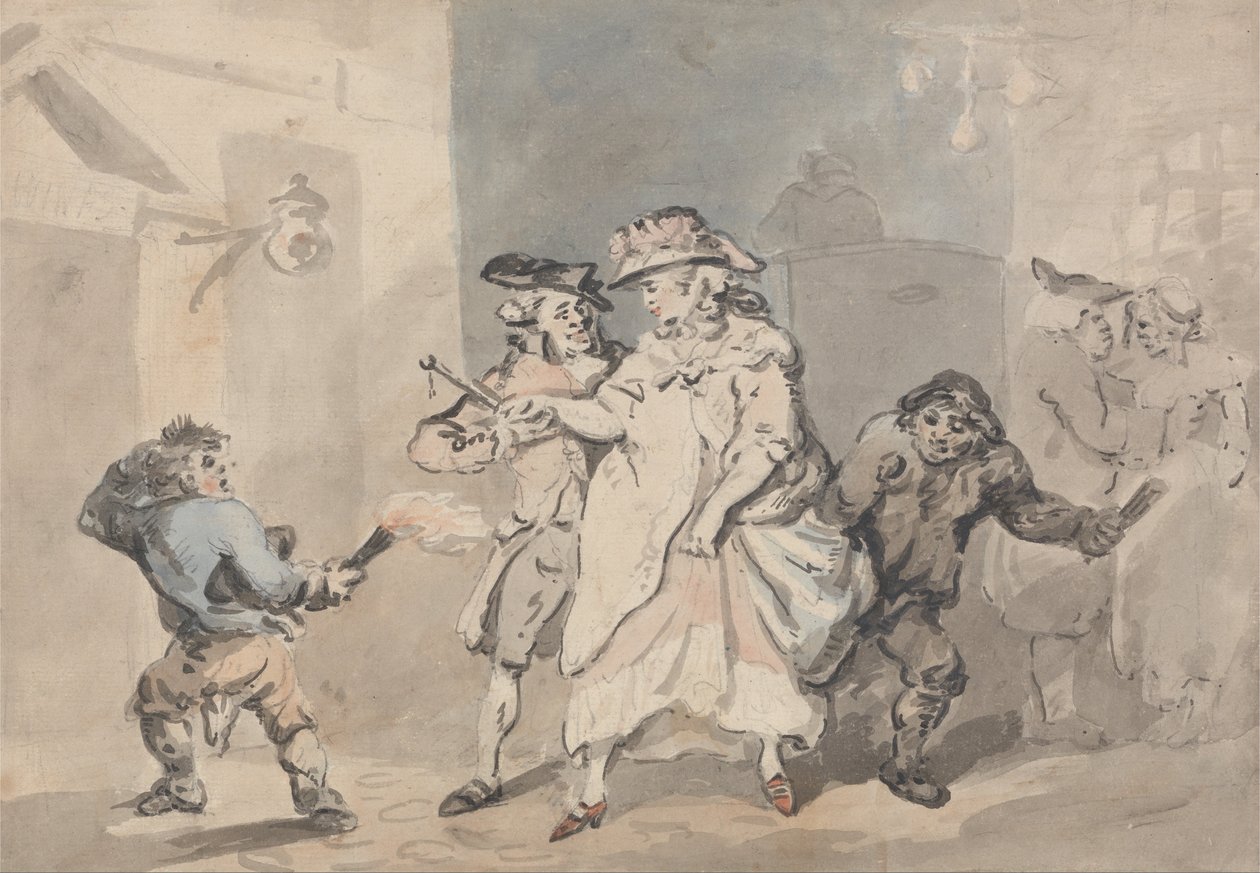 La puerta de la posada (Un hombre escoltado por dos chicos con antorchas hacia una puerta a la izquierda) de Thomas Rowlandson