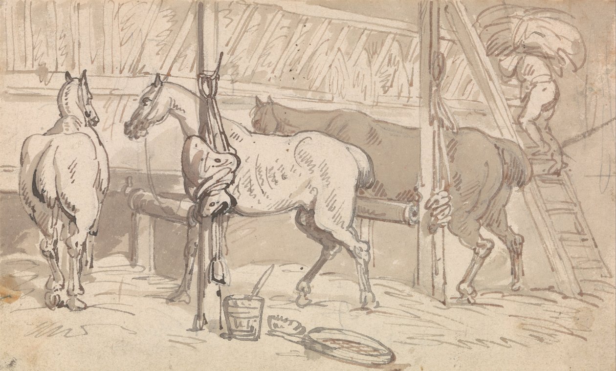 Tres caballos en establos de Thomas Rowlandson