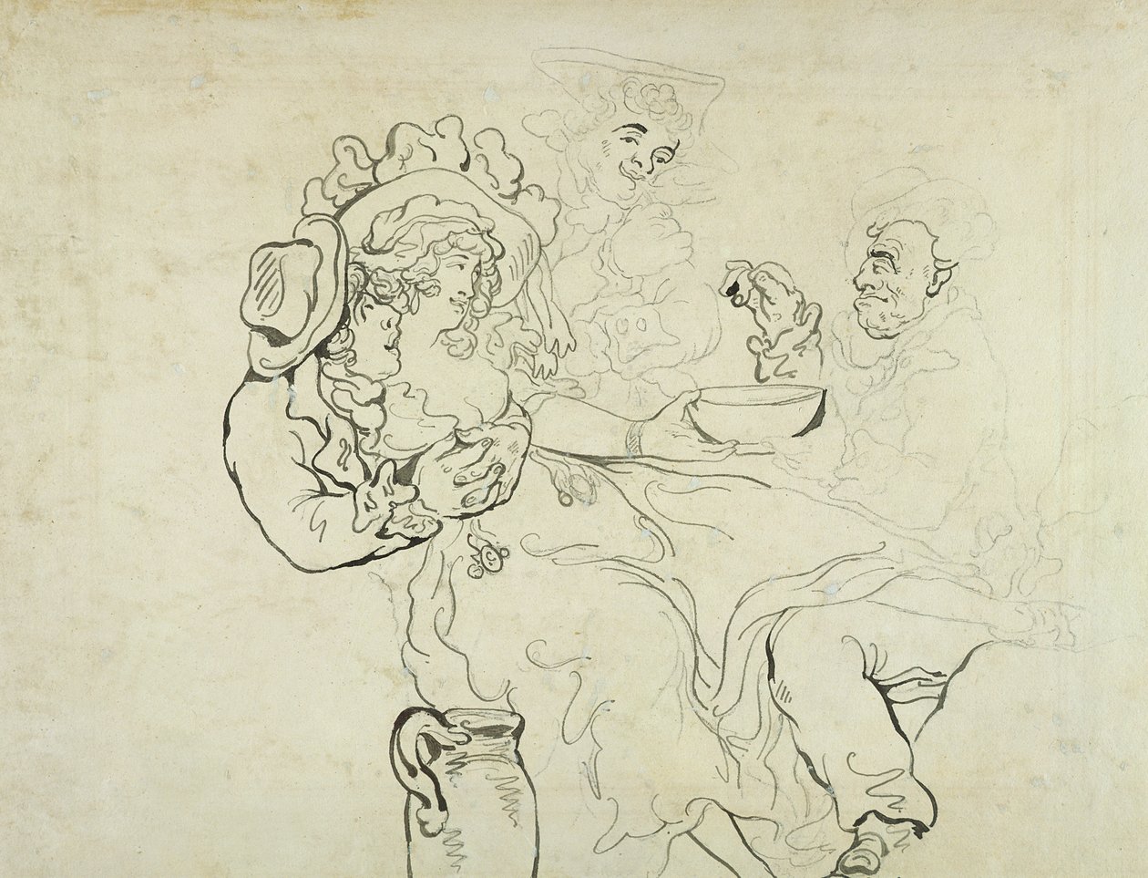 Tres hombres y una mujer bebiendo de Thomas Rowlandson