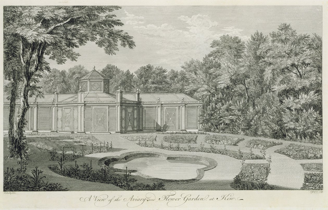 Vista del aviario y jardín de flores en Kew, de 