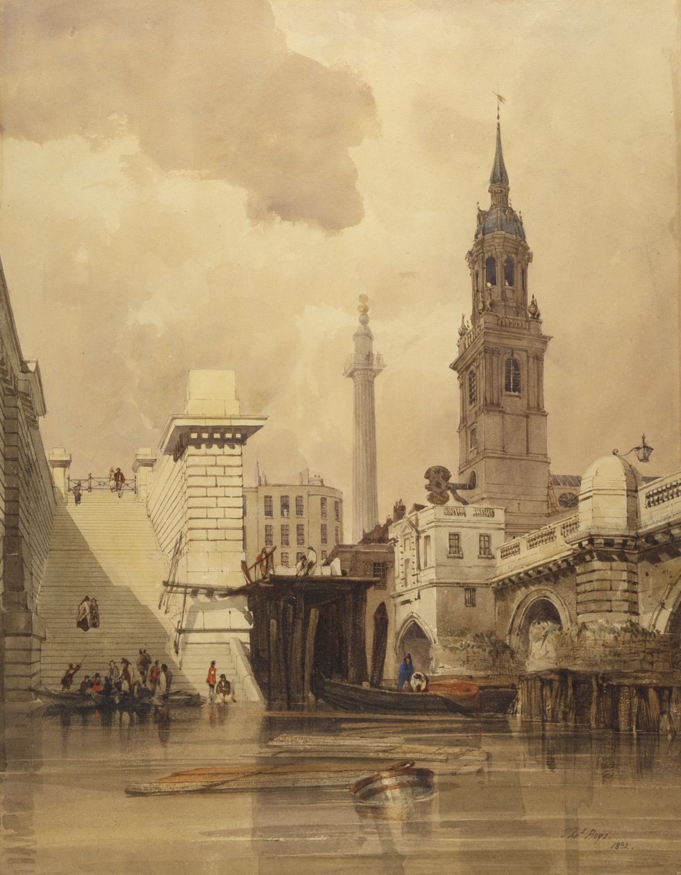 La Iglesia de San Magnus el Mártir junto al Puente de Londres, con el Monumento al fondo de Thomas Shotter Boys