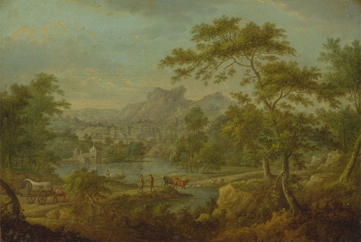 Paisaje imaginario con un carro y una vista distante de una ciudad de Thomas Smith of Derby