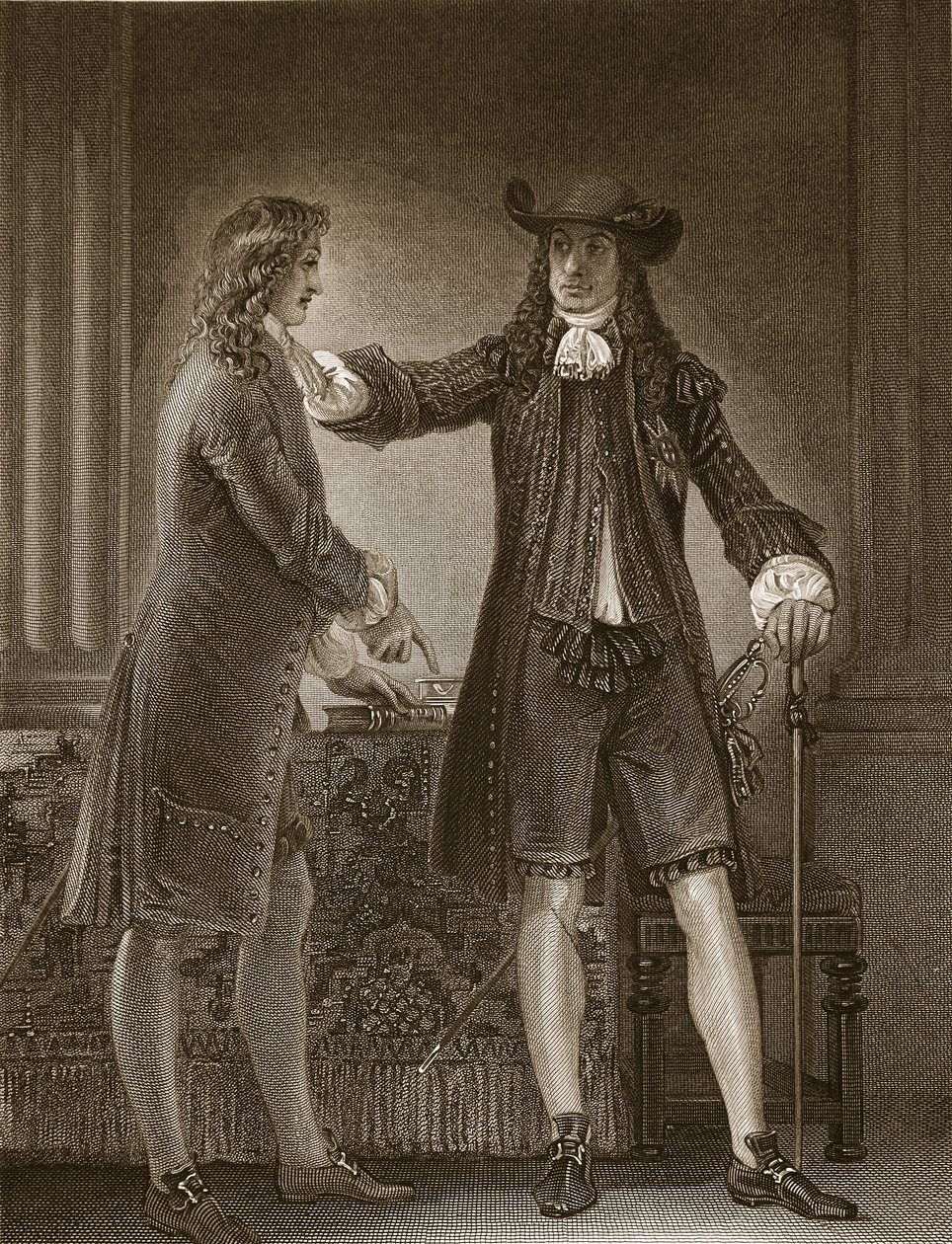 Carlos II y Sir William Temple, grabado por J. Parker, ilustración de 