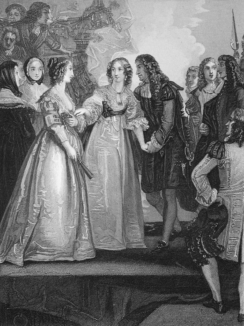 Carlos II recibiendo a la duquesa de Orleans en Dover, grabado por A.H. Payne de Thomas Stothard