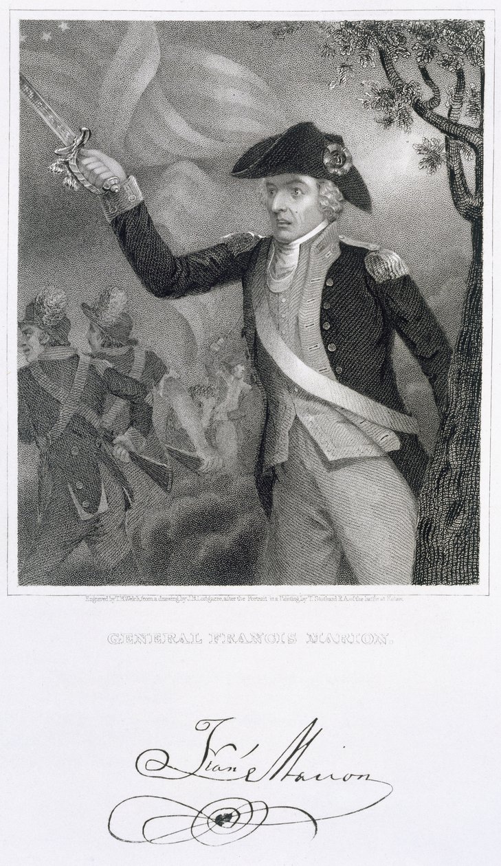 Retrato del General Francis Marion en la Batalla de Eutaw Springs, 1781, grabado por Thomas B. Welch de un dibujo de James Barton Longacre de Thomas Stothard