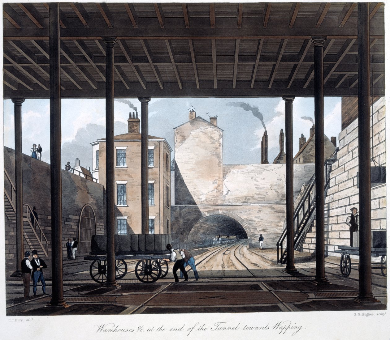 Almacenes y obras al final del túnel hacia Wapping, grabado por S.G. Hughes, 1831 de Thomas Talbot after Bury